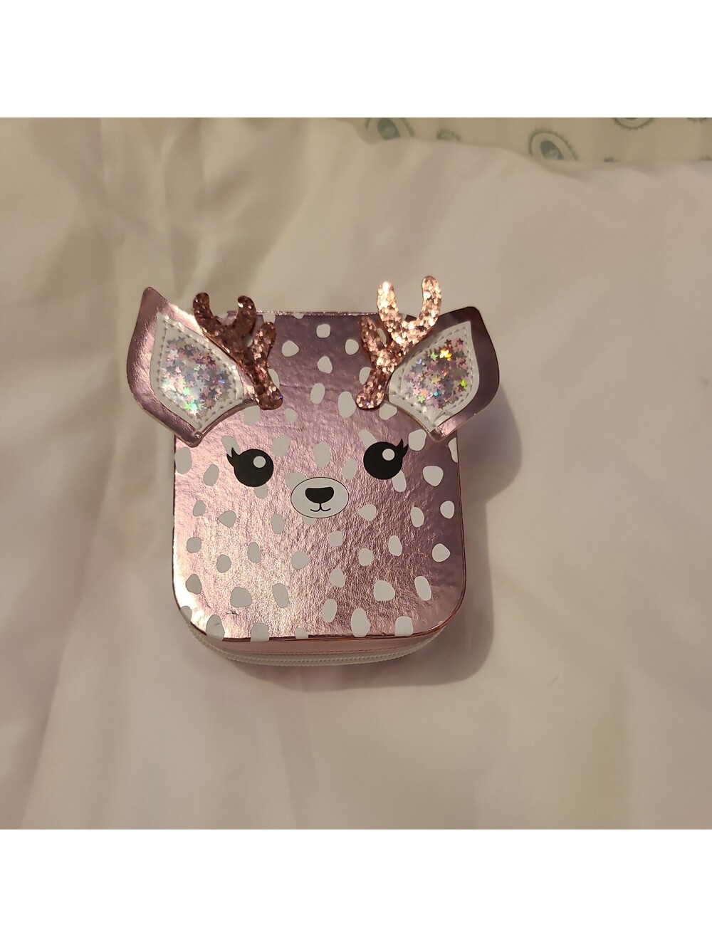Justice Metallic Pink Deer Sequin Ears Glitter Antlers Jewelery Box Zip Closure